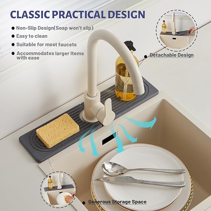 Stone Faucet Mat for Kitchen Sink，Super Absorbent Diatomite Fast Drying Stone and Bathroom Stone Tray for Counter Quick Drying Splash Guard,Prevents Moisture Buildup Sink(Dark Grey,15.8" x 3.9")