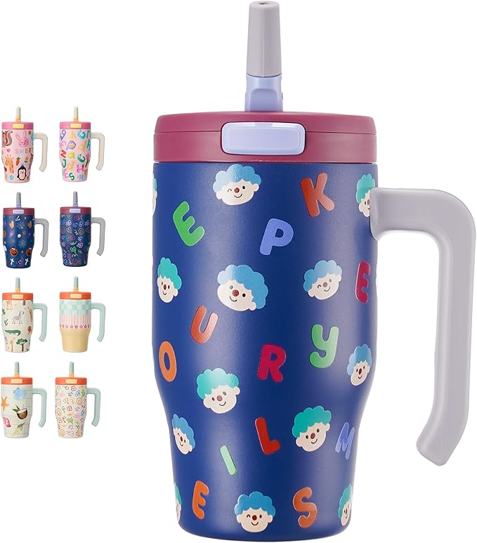 Fijinhom 18 oz Toddler Tumbler with Handle, Stainless Steel Insulated Water Bottle Coffee Mug with Straw, Toddler Cups, Kids Water Bottle for School, Sports, Travel, Alphabet Bubs