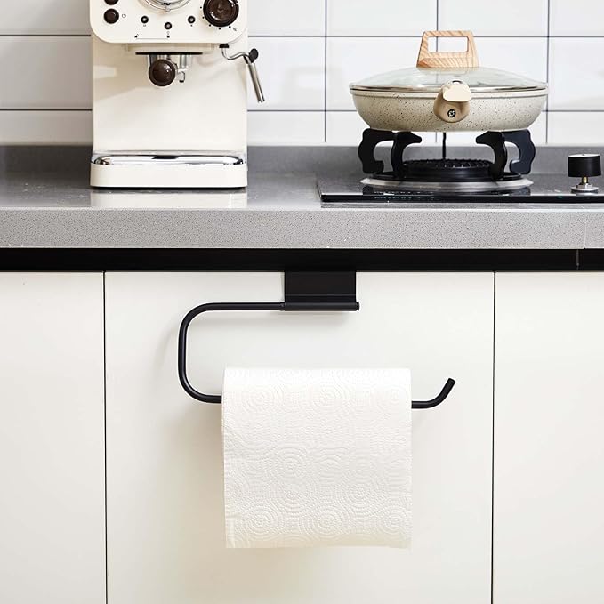 12.4 Inches Cabinet Door Paper Towel Holder Camper Under Sink No Drilling Paper Towel Storage and Dispenser for RV Kitchen Bathroom Laundry Room, Stainless Steel(Black,1 Pcs)