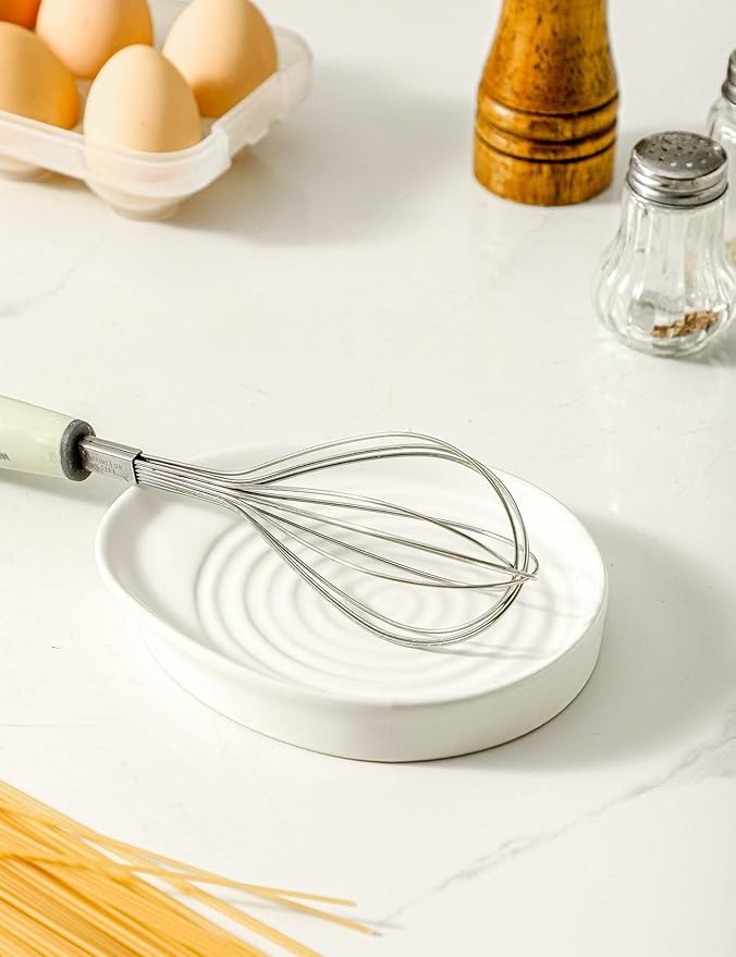 Ceramic Spoon Rest for Stove Top, Spoon Holder for Kitchen Counter, Farmhouse Cooking Utensil Holder for Spoons, Ladles, Spatula, Matte White