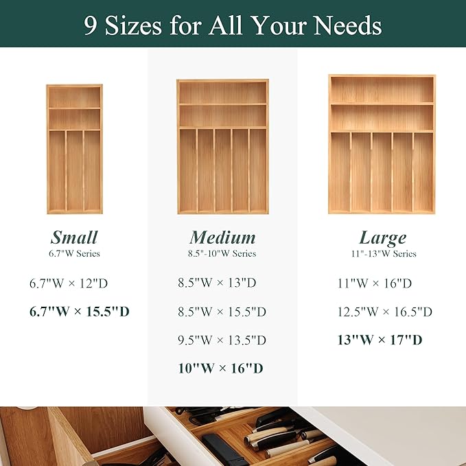 Silverware Organizer, Bamboo Kitchen Drawer Organizer, Utensil Holder, Cutlery Tray & Spoon Flatware Storage with Grooved Drawer Dividers (10''W x 16''D)