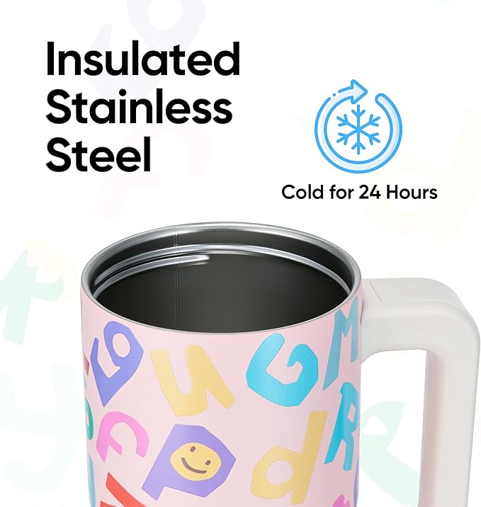Fijinhom 18 oz Toddler Tumbler with Handle, Stainless Steel Insulated Water Bottle Coffee Mug with Straw, Toddler Cups, Kids Water Bottle for School, Sports, Travel, Rosy Letter Crew