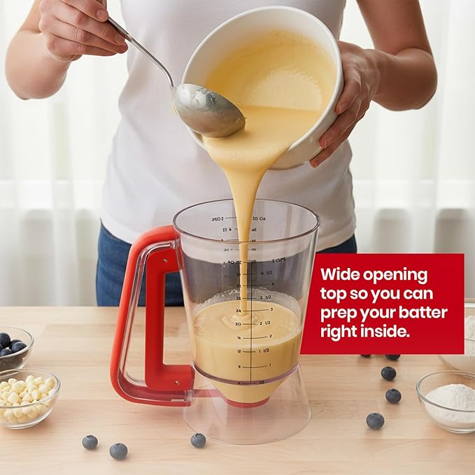 Eggssentials - Pancake dispenser, 5-Cup/1200ml Pancake Dispenser for Batter, Cupcake Batter Dispenser, Waffles & Crepes, Easy Squeeze Handle, Dishwasher Safe - Red Pancake Mix Dispenser