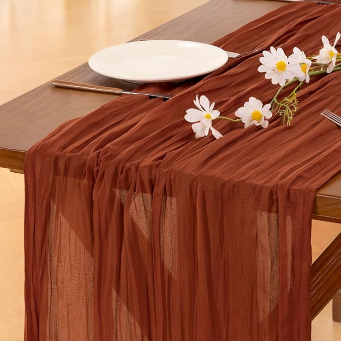 Socomi 10pcs Terracotta Summer Cheesecloth Table Runner Boho Rustic Gauze 120 inch 10FT Cheese Cloth Sheer Runner for Wedding Party Baby Shower Birthday Home Decor Holiday Decorations