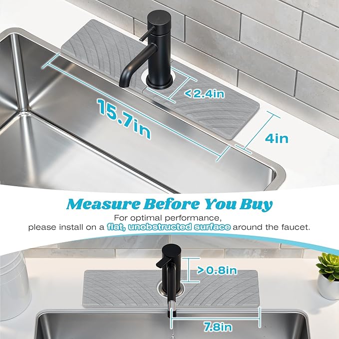 Stone Faucet Mat for Kitchen Sink - Fast Drying Diatomite Stone Drying Mat, Textured Drainage Sink Protector, Water Splash Guard with Base Pads for Bathroom Counter (15.7x4 in, Light Gray)