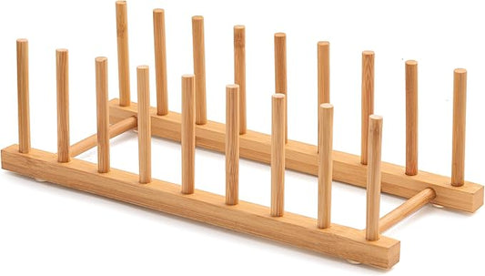 Bamboo Dish Drying Rack for Kitchen Counter and Cabinet, Dish/Book/Plate/Bowl/Cup/Cutting Board/Pot Lid Organizer for Kitchen, Living Room, Study, Display Cabinet (8 Slots)