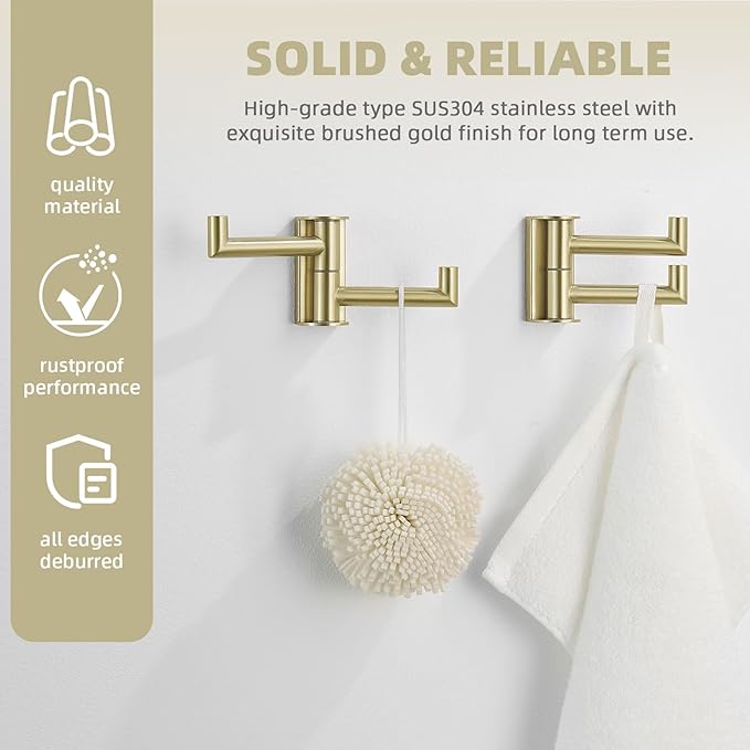 Angle Simple Swivel Hooks for Bathroom, SUS304 Stainless Steel 2 Arms Bath Towel Robe Hook Wall Mount, 2 Pack, Brushed Gold
