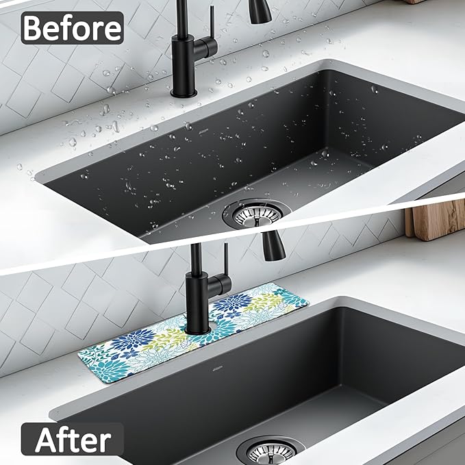 15" X 5.5" Kitchen Sink Splash Guard Faucet Mat Floral Super Absorbent Fast Drying Faucet Guard & Draining Mat Sink Splash Guard Behind Faucet for Kitchen, Bathroom