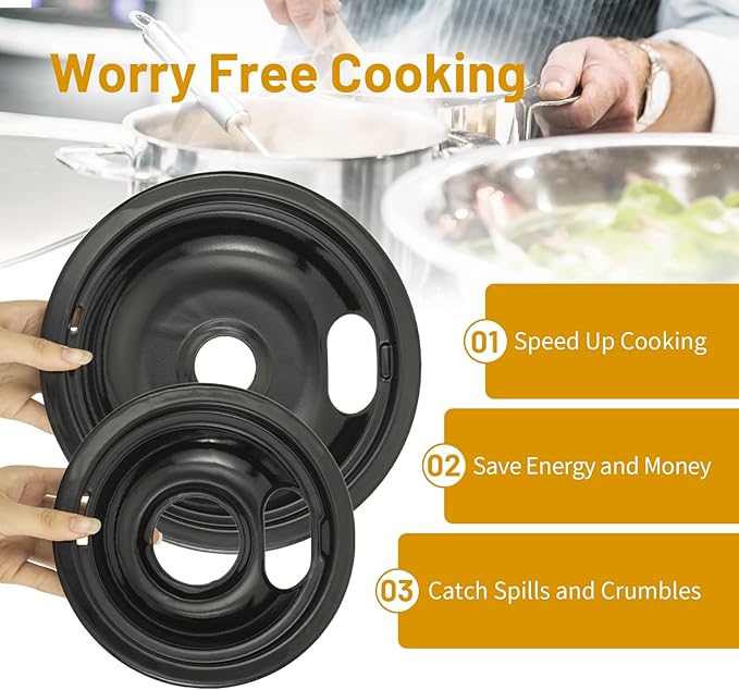 4 Pack Black Drip Pans, Compatible with Whirpool Kenmore Frigirate Stove Top Drip Bowls. Include 3 Pcs 6'' Range Replacement Drip Pans and 1 Pcs 8 '' Cooktop Drip Pans