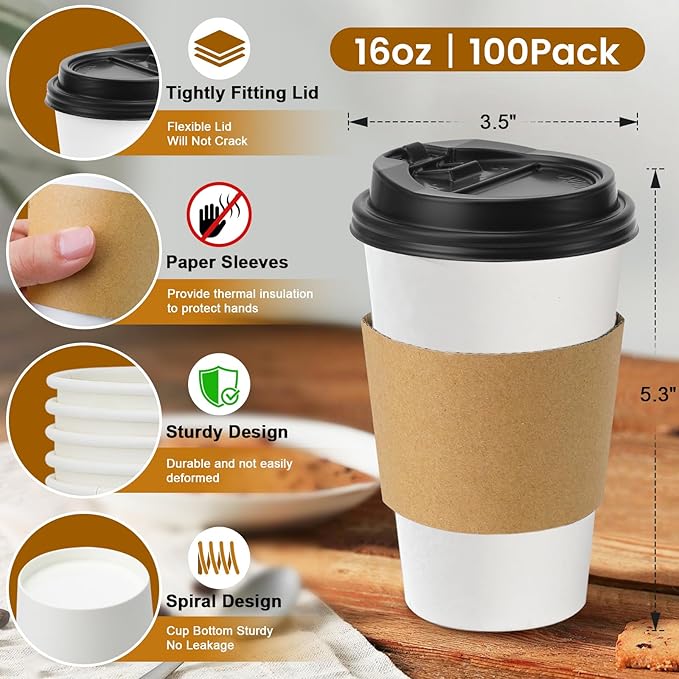 Lamosi 100 Pack 16 oz Disposable Coffee Cups with Lids and Sleeves, Leak-Proof To Go Paper Coffee Cups with Lids, Hot/Cold Beverage White Drinking Cup for Home, Office, Parties, Travel