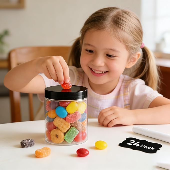 Large & Small Plastic Jars Combo (24 Pack) 12 Large 16 oz & 12 Small 8 oz Leak-Proof Clear Containers with Lids, Mason Jars, Perfect for Storing Spices, Cookie, Candy, and Dry Food, Empty Jars