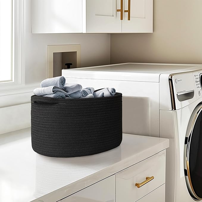 MEGASKET Black Woven Storage Basket, 17"x12"x8" Cotton Rope Baskets for Organizing Dog Toy, Gift, Book, Towel, Cloth, Shoe, Decorative Wicker Storage Bin for Shelves, Closet, Bathroom, Living Room