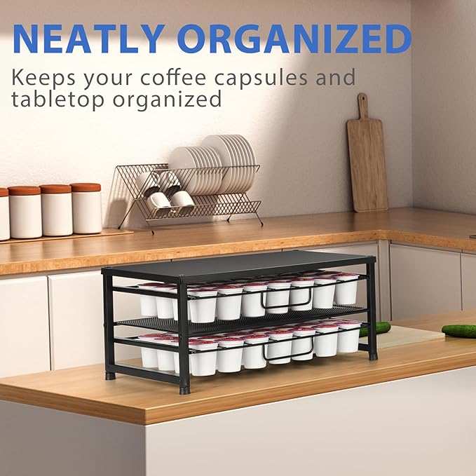 ECOLOVI K Cup Holder Organizer for 70 Pods, 2-Tier Coffee Pod Holder for K-Cup with 2 Sliding Storage Drawers, Coffee Station Bar Organizer for Kitchen Countertop, Home & Office, Frosted Black