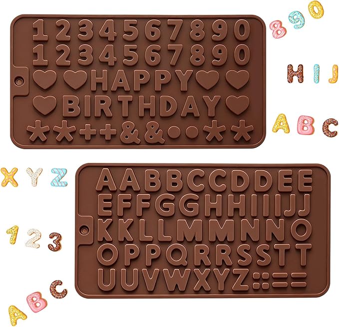 2PCS Silicone Molds for Chocolate,Number Letter Molds,Reusable Candy Molds with Happy Birthday Decorating Symbols,Mini Size Alphabet Decorating for Birthday Cake Lollipop Fondant Chocolate