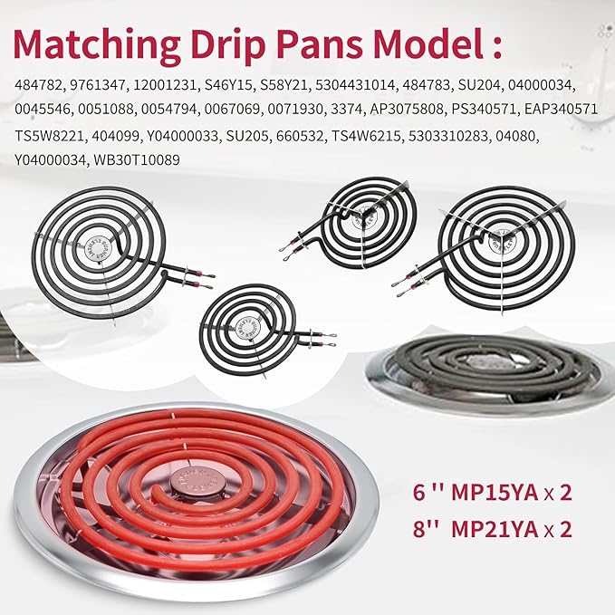 MP22YA Electric Stove Burner Element Replacement Set & W10290350 W10290353 4 Pack Silver Drip Pans - Perfectly Fit Whirlpool Electric Range Stove Top