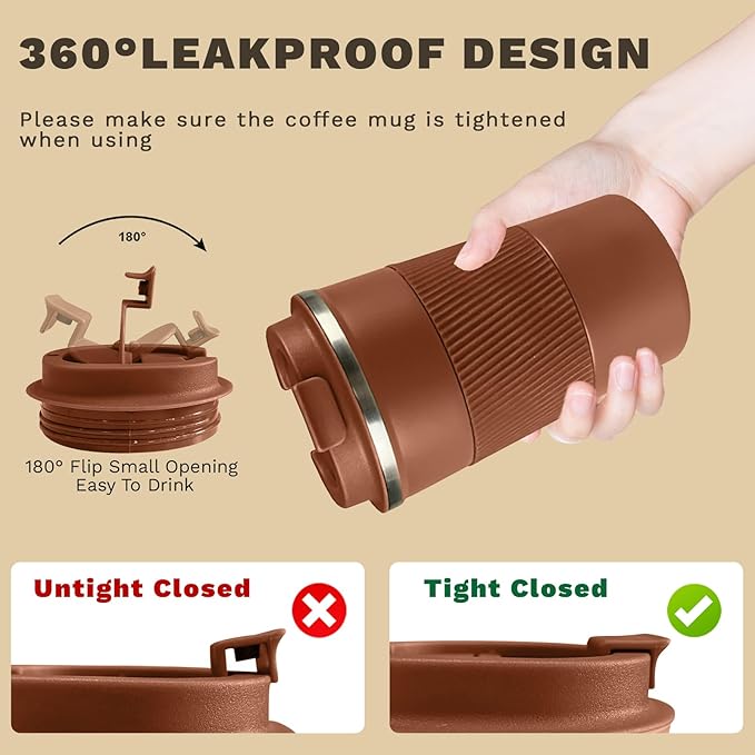 SPLMIFA Vacuum-Insulated Stainless Steel Travel Coffee Mug, Leak-Proof Reusable Coffee Cup with Lid -Keep Hot & Cold Drinks for Hours, Durable Insulated Tumbler for Men & Women(3rd-Light Coffee, 17OZ)