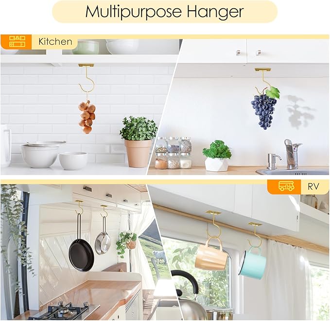 2PCS Self Adhesive Banana Hook Under Cabinet Foldable Banana Hanger Metal Under Counter Banana Hook to Keep Bananas Fresh Banana Holder for Kitchen RV Space Saving, Golden
