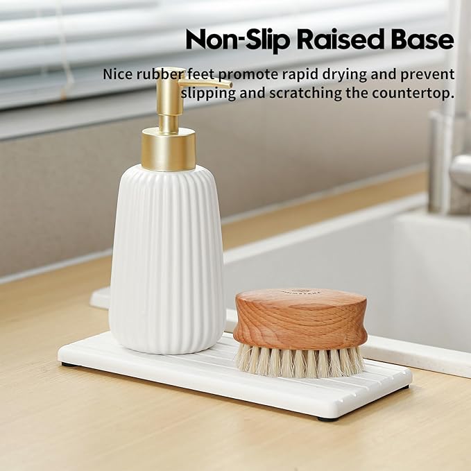 Diatomaceous Earth Sink Organizer Tray Set, 3-Pack Fast Drying Water Absorbing Stone Soap Holder Caddy for Kitchen & Bathroom Counter, Faucet Splash Guard, White (1pc of 8"x3.8" + 2pcs of 3.8"x3.8")