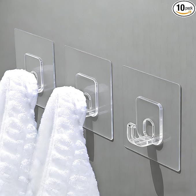 10 Pack Invisible Adhesive Hooks for Hanging Heavy Duty, Waterproof & Rustproof Shower Hooks for Inside Shower, Clear Sticky Hooks for Walls No Damage, Multi-Use for Kitchen, Bathroom, Bedroom, Office