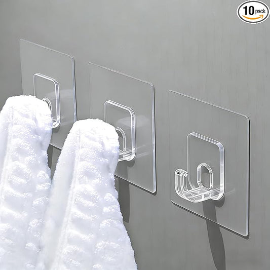 10 Pack Invisible Adhesive Hooks for Hanging Heavy Duty, Waterproof & Rustproof Shower Hooks for Inside Shower, Clear Sticky Hooks for Walls No Damage, Multi-Use for Kitchen, Bathroom, Bedroom, Office
