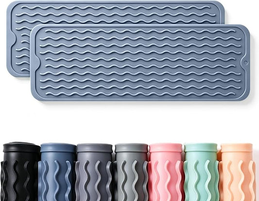 CAKETIME 2 Pack Silicone Dish Drying Mat for Kitchen Counter Heat Resistant Multiple Usage Bathroom Countertop Uner Sink Area Faucet Drainer Organizer Must Haves 2026 Necessities 17inchx6inch Blue