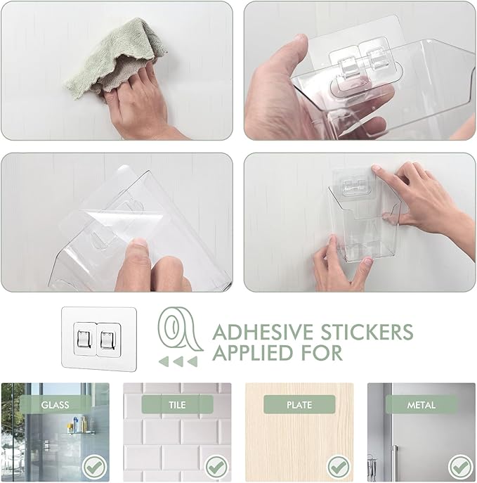 Clear Adhesive Wall Storage Bins, 4 Pack Cabinet Door Organizer Holders, Hanging Wall Mount Pockets, Plastic Cups for Shower Bathroom Makeup Office Craft Remote Kitchen Sink RV Organization (Small)