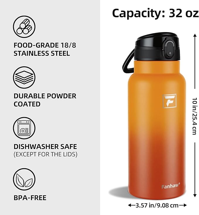 Fanhaw 32 Oz Insulated Stainless Steel Water Bottle with Chug Lid – Wide Mouth, Leak-Proof, BPA-Free – Ideal for Kids, Adults, Sports, Gym, and Outdoor Use (Yellow Orange)