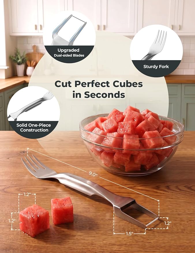 CripsTaste 2 Pack Watermelon Fork Cutter Slicer Tool, 2-in-1 Stainless Steel Fruit Cutter Melon Slicer Cutter Tool, Watermelon Cutting Tool for Home Party Camping Kitchen Gadget
