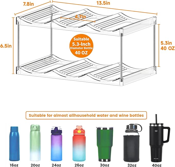 Yieach 2 Tier Waterbottle Organizer for Cabinet - Large Compartment Stackable Water Bottle Holder and Wine Bottle Rack,Acrylic Water Bottle Organizer Rack for 40 oz Stanley Cup,Yeti and Tumbler Shelf
