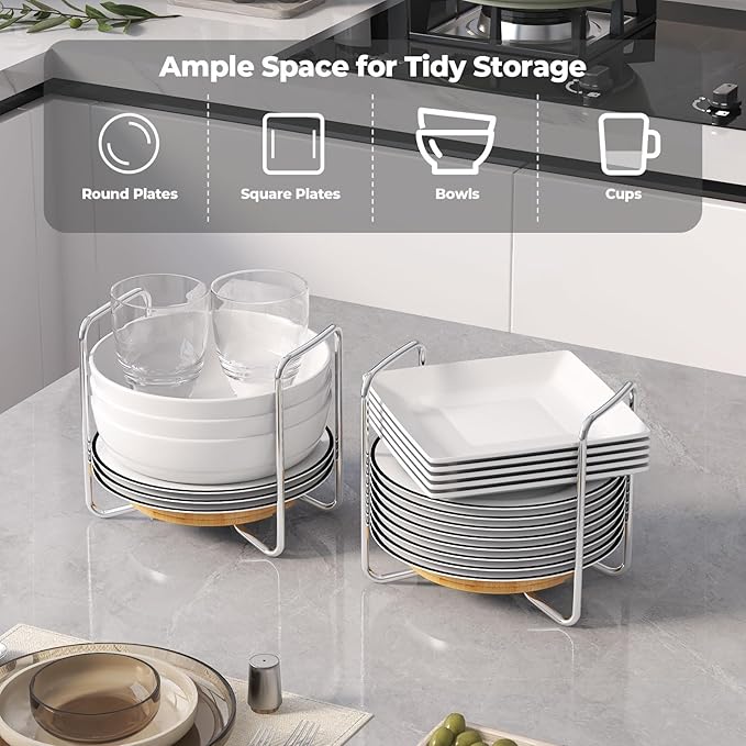 Adjustable Dish Rack for Kitchen Counter - Bamboo Plate Holder Organizer for Cabinet Wooden Bowl Organizer Stainless Steel Plate Stand Storage for Kitchen Drawer Countertop Cupboard Shelf RV