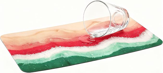 Summer Nautical Dish Drying Mat: 12’’x20’’ Red Green Absorbent Dish Drying Pad, Non-Slip Bar & Coffee Mat, Counter Protector for Holiday Aesthetic Home Kitchen Decor - Ocean Beach Coastal Theme Mat