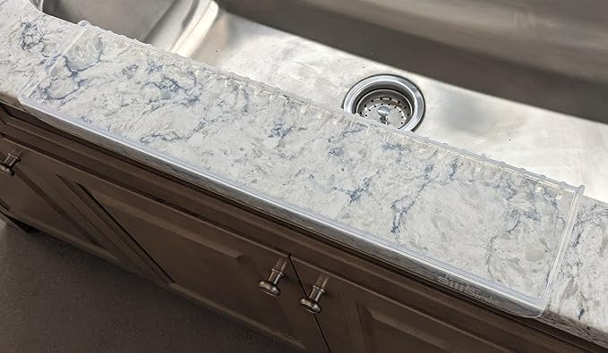 SiliSink XL Silicone Edge Guard for Kitchen Sink - Fits 3.75” - 4” Wide - The Original Silicone Sink Edge Protector with Sponge Caddy - Splash Guard, 20” Clear Diamond