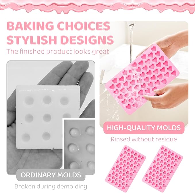 2PCS Silicone Molds for Chocolate,Heart Molds,Reusable Candy Molds with Heart Symbols,Mini Size Heart for Birthday Cake Lollipop Fondant Chocolate