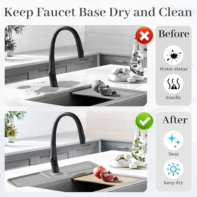 PoYang 24 Inch Faucet Mat for Kitchen Sink Splash Guard Behind Faucet, Sink Protectors for Kitchen Sink Faucet Mat Splash Guard for Kitchen Sink Area, Longer Faucet Guard & Draining Mat, Light Grey