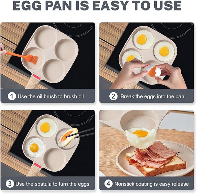 4‑Cup Nonstick Egg Pan Set with Lid – Aluminum Omelette Skillet for Breakfast, Includes Silicone Scraper, Oil Brush, Chopsticks & Cleaning Cloth – Compatible with Gas & Induction Cooktops (White)