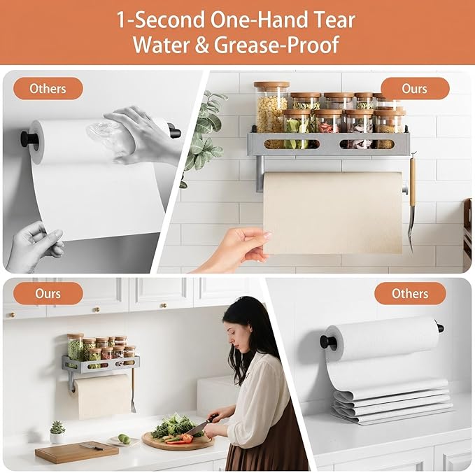 Paper Towel Holder Wall Mount with Shelf, Easy One Hand Tear, Adhesive Glue or Drill Mount Hanging Paper Towel Holder with Shelf for Kitchen/Bathroom/RV, Silver Metal, 4 Hooks