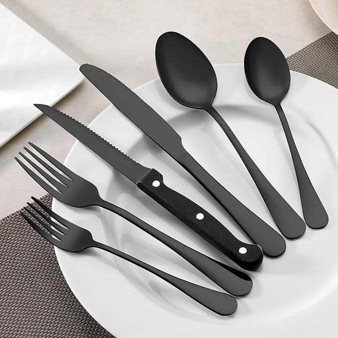Black Steak Knives Set of 8, Sharp Triple Rivet Steak Knife, High-Carbon Stainless Steel Serrated Blades, Ergonomic Handles Serrated Steak Knives, Dinner Knife for Kitchen Restaurant, Dishwasher Safe