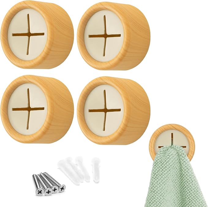 S&T INC. Round Adhesive Push Towel Hooks for Kitchen, Hand and Dish Towels, Plastic, Bamboo, 4 Pack
