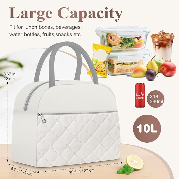 KUBYA Lunch Box for Women Adult Men Insulated Cute Quilted Lunch Bag Women Reusable Large Lunch Tote Bag Leakproof Simple Cooler Bag for Work Office Picnic Beach or Travel