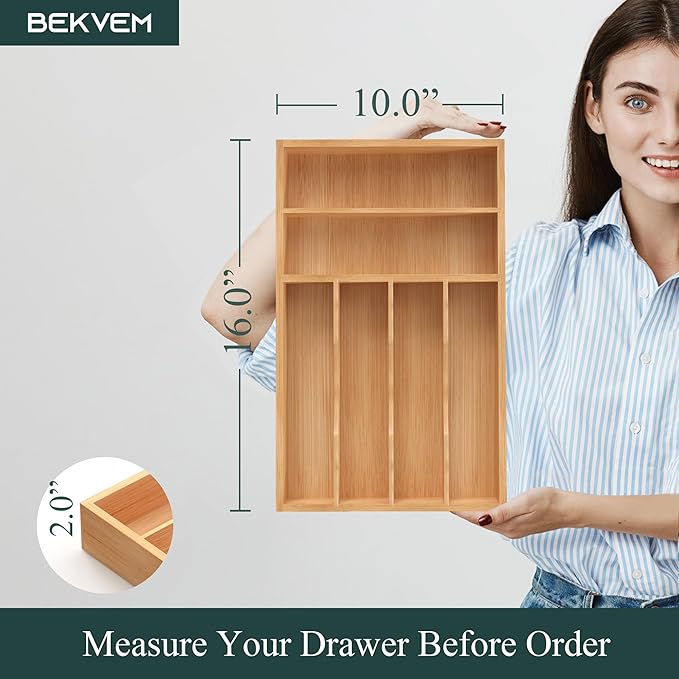 Silverware Organizer, Bamboo Kitchen Drawer Organizer, Utensil Holder, Cutlery Tray & Spoon Flatware Storage with Grooved Drawer Dividers (10''W x 16''D)