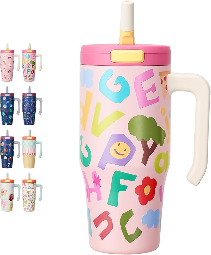 Fijinhom 25 oz Insulated Tumbler with Handle, Stainless Steel Insulated Water Bottle Coffee Mug with Straw, Coffee Cups, Cute Water Bottle for Sports, Travel, Lunch, Rosy Letter Crew