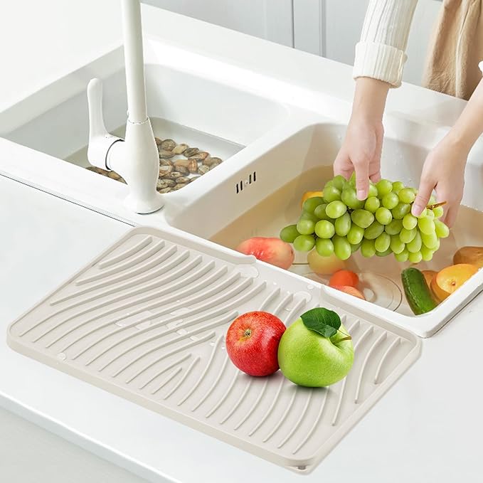 Silicone Dish Drying Mat, Stone Drying Mat for Kitchen Counter with Built-In Drain, Non-Slip Drain Pad with Built-in Drain, Heat Resistant Stone Drying Mat, Hangable, Cream-2pcs, 20" x 15"