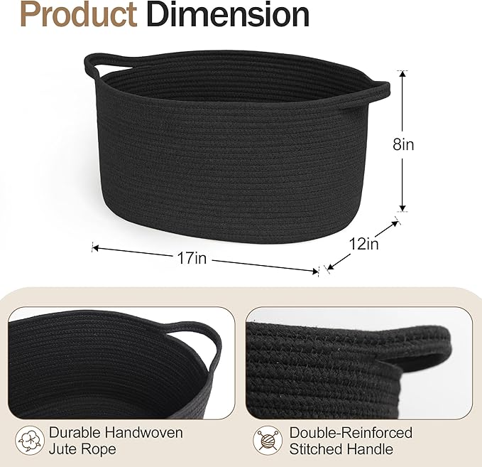 MEGASKET Black Woven Storage Basket, 17"x12"x8" Cotton Rope Baskets for Organizing Dog Toy, Gift, Book, Towel, Cloth, Shoe, Decorative Wicker Storage Bin for Shelves, Closet, Bathroom, Living Room