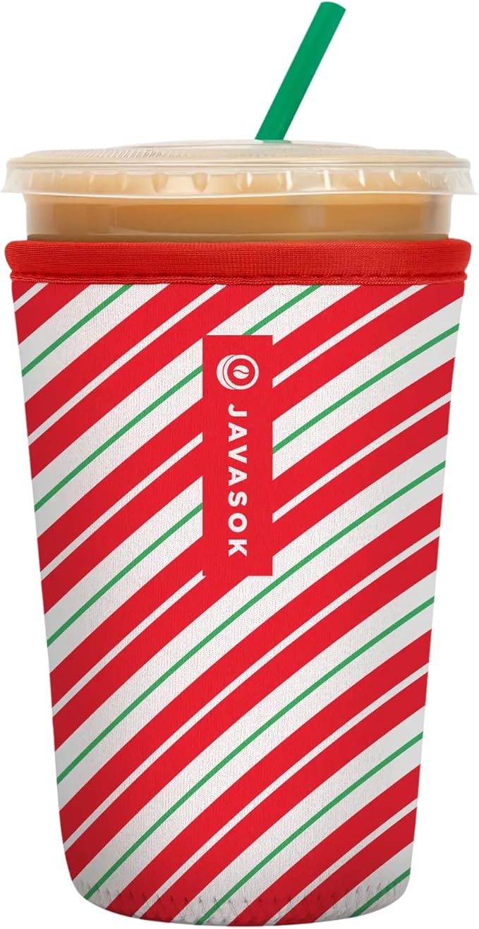 Sok It JavaSok Iced Coffee & Cold Soda Insulated Neoprene Cup Sleeve (Candy Cane Stripes, Medium: 22-28oz)