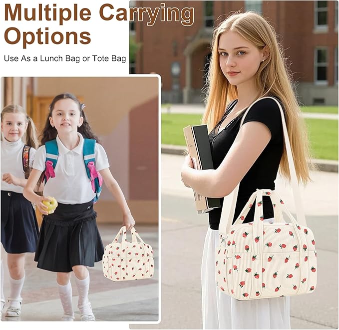 KUBYA Corduroy Lunch Box Lunch Bag for Women Men, Cute Strawberry Small Insulated Reusable Work Leakproof Simple Lunch Boxes Tote Bag Adults Cooler Bag