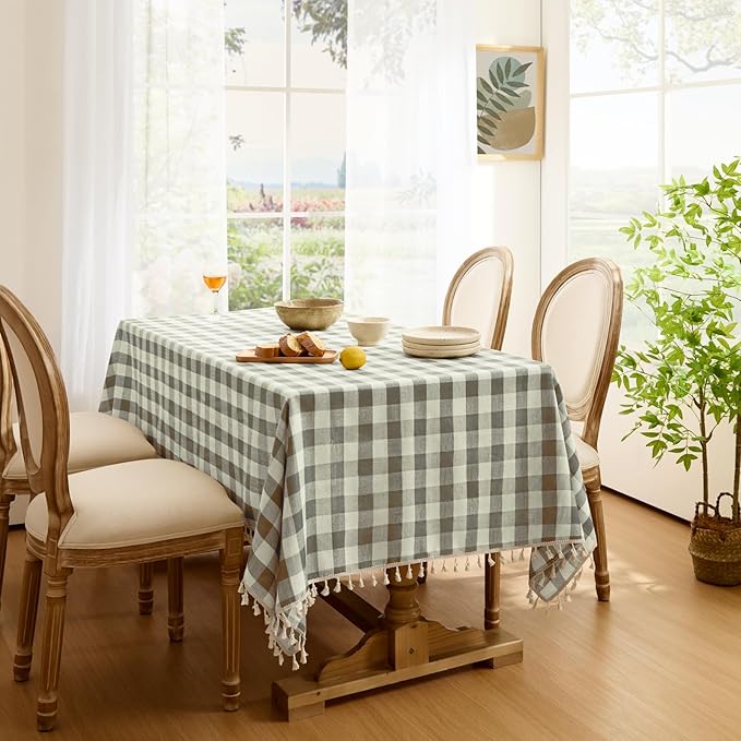Softalker Checkered Tablecloth Square, Outdoor Linen Cotton Gingham Table Cloth with Tassel, Heavy Duty Wrinkle Free Buffalo Plaid Table Cover for Kitchen Dining Summer Party - 55 x 55 Inch, Coffee