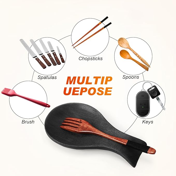 Patelai Acacia Wood Spoon Rest for Stove Top Bamboo Holder for Spatula Rest for Kitchen, Counter Spoon Holder for Countertop, Modern and Rustic for Farmhouse as Dining Table Decoration(Black)