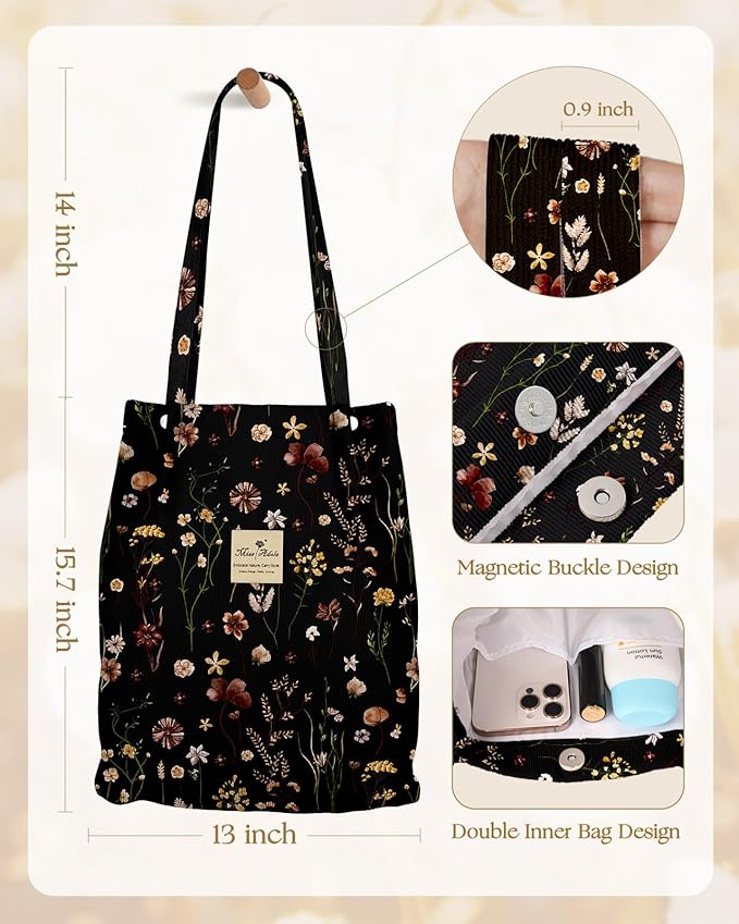 Miss Adola Corduroy Tote Bag for Women - Reusable Totes with Magnetic Buckle & Pocket Aesthetic Design Work Grocery Bags