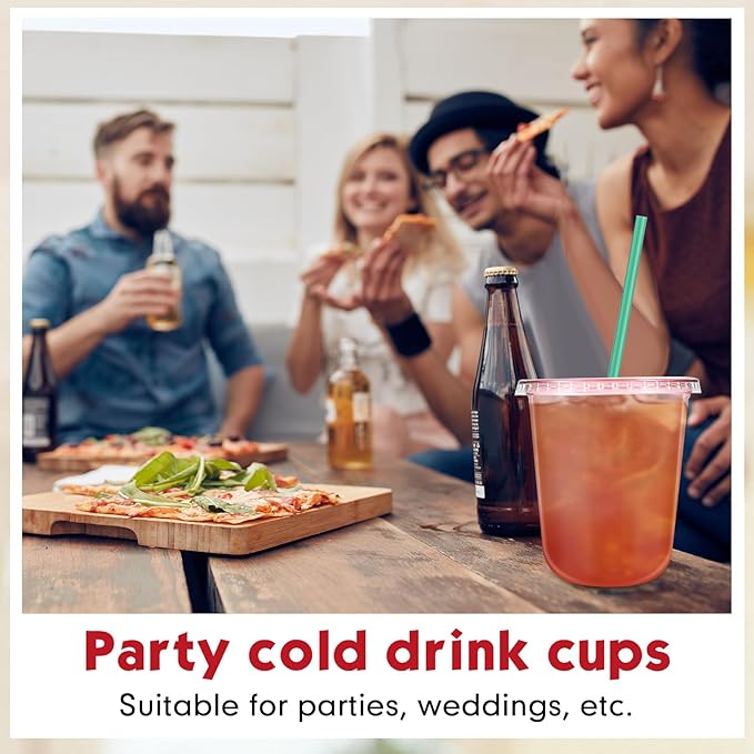 Baderke 25 Set Plastic Cups with Lids and Straws, Disposable Plastic Iced Coffee Cup for Cold Beverage Juice Smoothie Crystal for Coffee Shops Party Catering (Pink,14 oz)