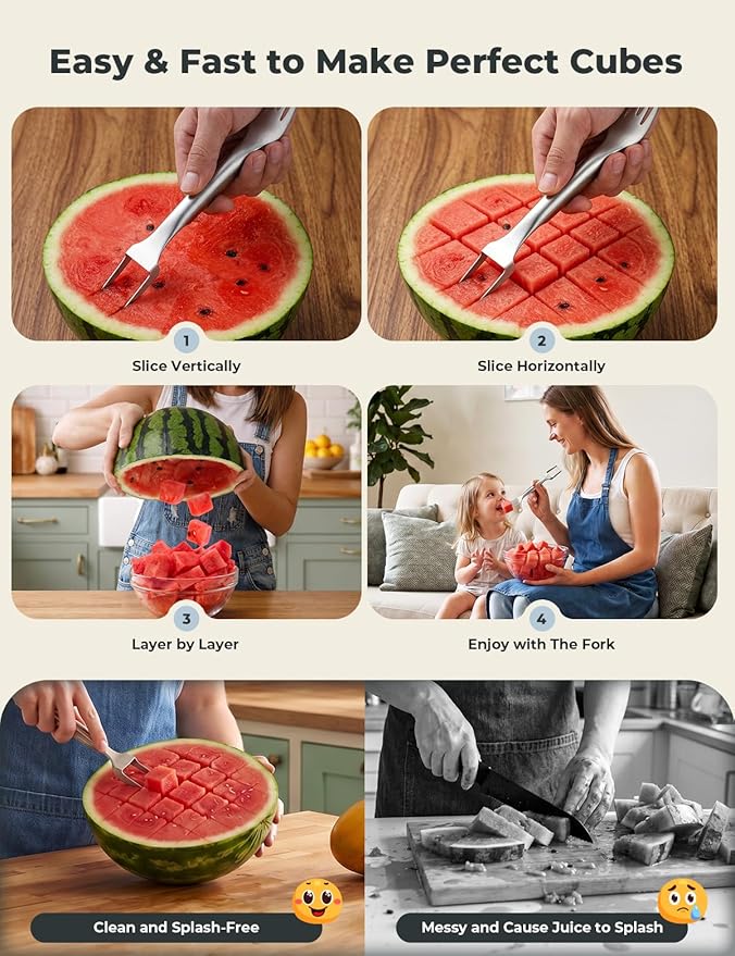 CripsTaste 2 Pack Watermelon Fork Cutter Slicer Tool, 2-in-1 Stainless Steel Fruit Cutter Melon Slicer Cutter Tool, Watermelon Cutting Tool for Home Party Camping Kitchen Gadget